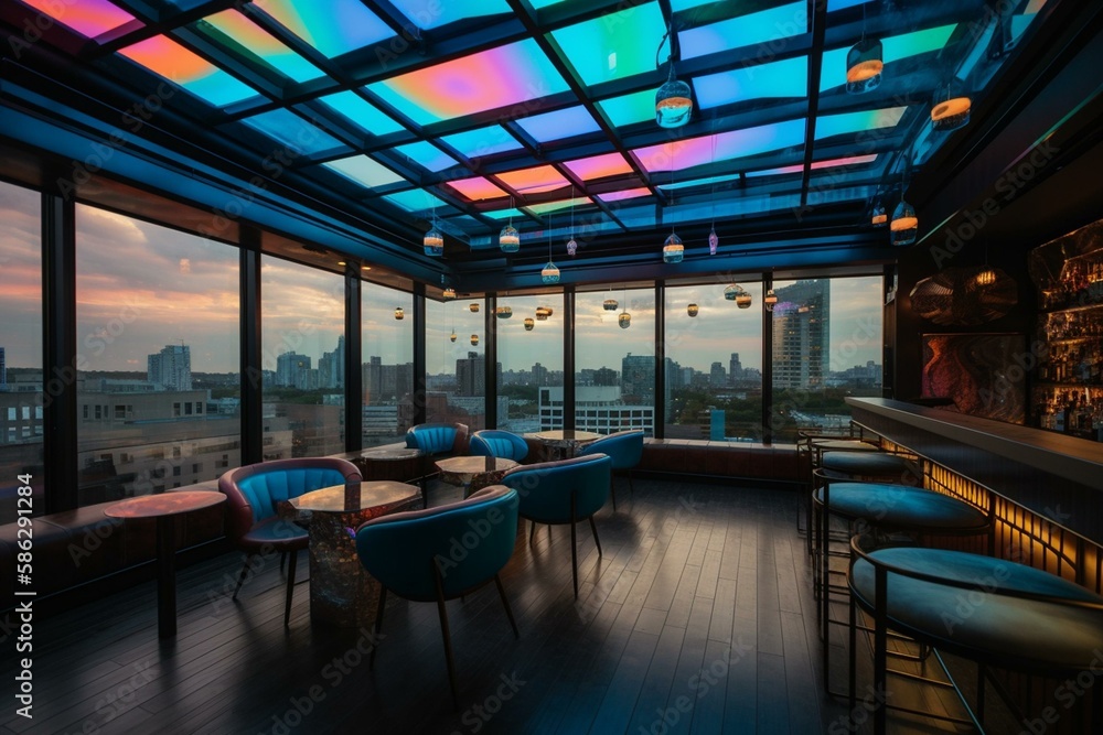 A city rooftop bar with neon lights and panoramic views Generative AI