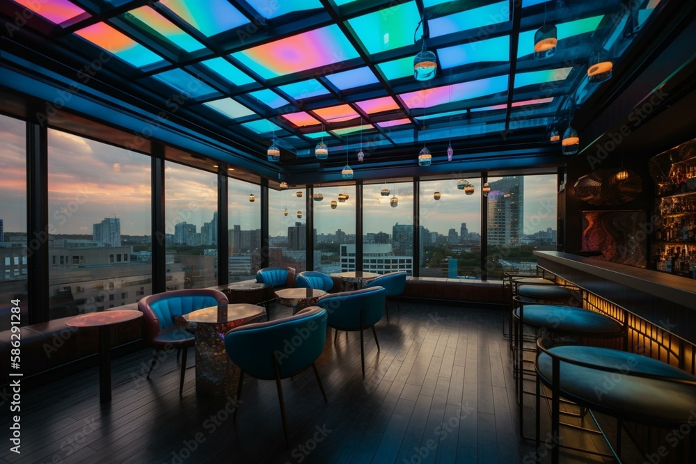 Fototapeta premium A city rooftop bar with neon lights and panoramic views Generative AI