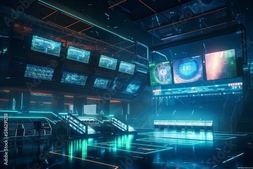 A futuristic sports stadium with neon lights and a holographic scoreboard. Generative AI © Denis Yevtekhov