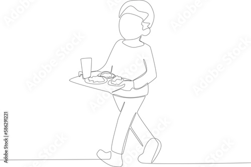 A child brings food on a tray to his table. Lunch at school one line drawing