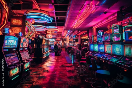 A neon-lit casino with bright lights and vibrant colors. Generative AI