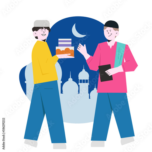Fototapeta Naklejka Na Ścianę i Meble -  man-hugging-ramadan-eid-mubarak-flat-illustration