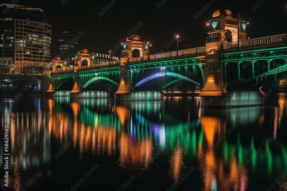 A city bridge at night with neon lights and reflections in the water Generative AI