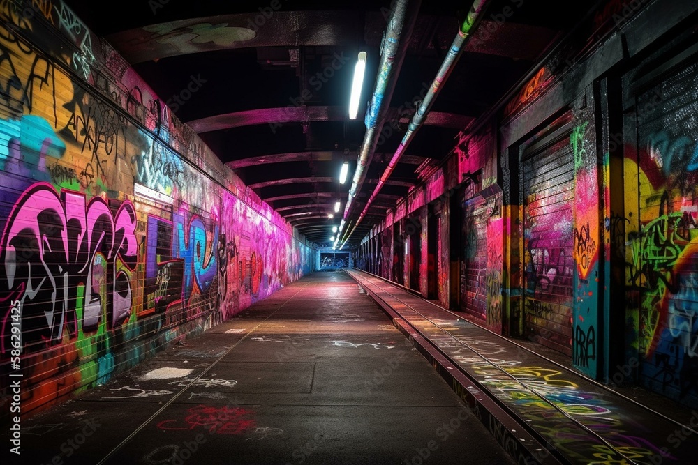 A city underpass with neon graffiti and vibrant colors Generative AI