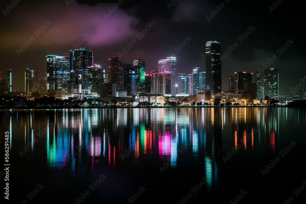 A city skyline at night with neon lights and reflections in the water Generative AI A city skyline at night with neon lights and reflections in the water Generative AI