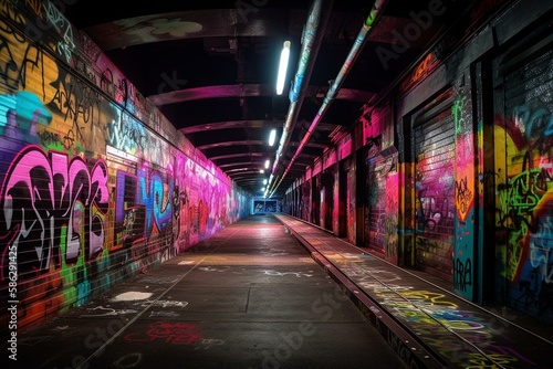 A city underpass with neon graffiti and vibrant colors Generative AI