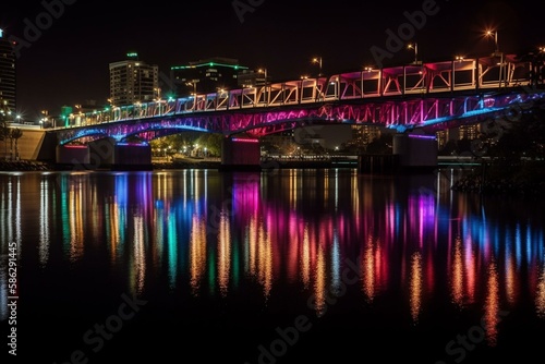 A city bridge at night with neon lights and reflections in the water Generative AI © Denis Yevtekhov