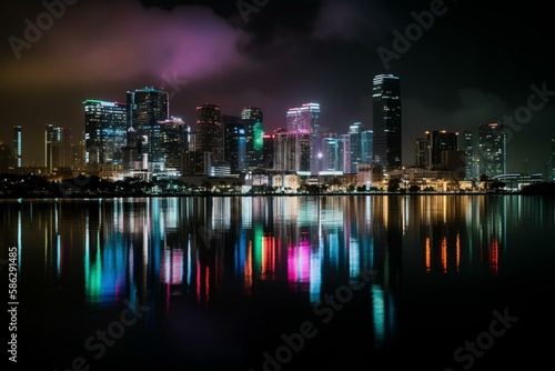 A city skyline at night with neon lights and reflections in the water Generative AI © Denis Yevtekhov