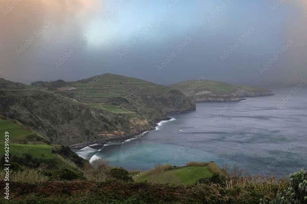 An overcast day at the Santa Iria viewpoint, located in the north coast of the Sao Miguel island in Azores, Portugal