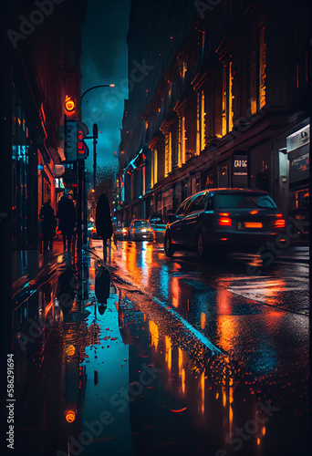 Rainy evening in London. The lights of the evening city are reflected in puddles and wet asphalt. AI.