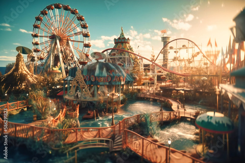 A seaside amusement park with roller coasters and cotton candy