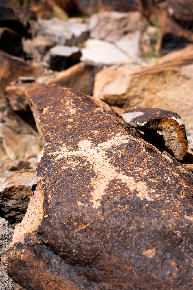 Fototapeta premium Upclose Shot of Ancient Native American Petroglyph in Sloan Canyon National Conservation Area, Nevada