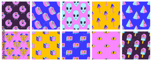 Psychedelic acid seamless pattern set with trendy weird characters and elements. Trendy trippy 90s - 2000s style. Modern posters. Vibrant color. Fast food, alien, crazy eyes. Funny vector illustration