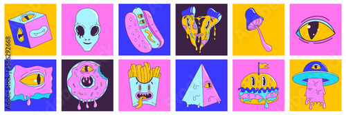 Psychedelic acid sticker set with trendy weird characters and elements. Square stickers. Modern posters. Vibrant color. Fast food, alien, crazy eyes. Funny vector illustration.