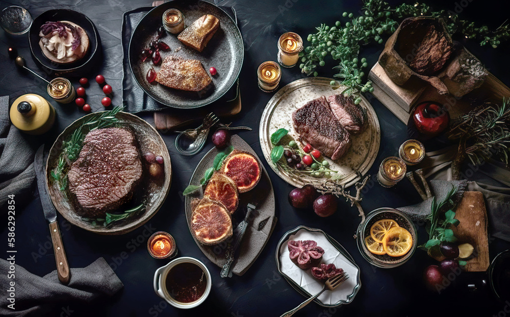 A delicious holiday themed dinner table with a place setting. A real princely table setting. AI generated illustration. A delicious holiday themed dinner table with a place setting. A real princely table setting. AI generated illustration.
