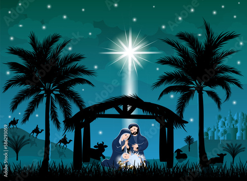 Nativity of Jesus, the baby's birth scene. Scene of the Nativity of Jesus Christ. Christmas. The Virgin Mary and Joseph bent over the manger with the baby. Christmas night. The Christmas star shines