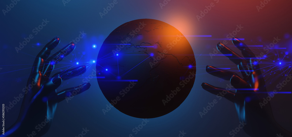 Naklejka premium robot ai hand holding holographic of globe metaverse network, metaverse internet social online technology, 3d illustration rendering