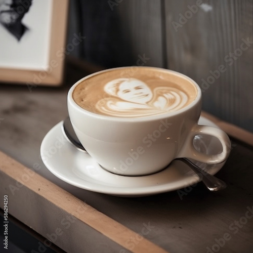 The image portrays a woman's face on the surface of milk in a coffee cup, standing on a wooden table. The steaming hot coffee is freshly brewed and served in a rustic and charming manner.