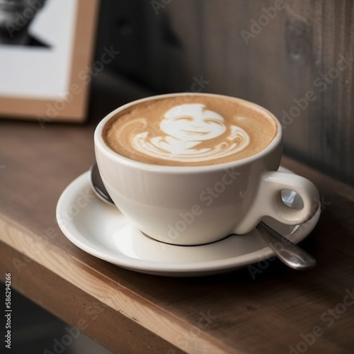 The image portrays a heartwarming and playful moment in coffee-making, with a child's face formed on the surface of the milk in a coffee cup.