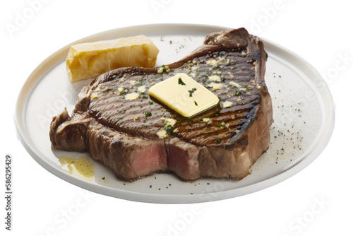 an isolated juicy steak with butter, portrait, food-themed photorealistic illustration on a transparent background cutout in PNG, Generative AI