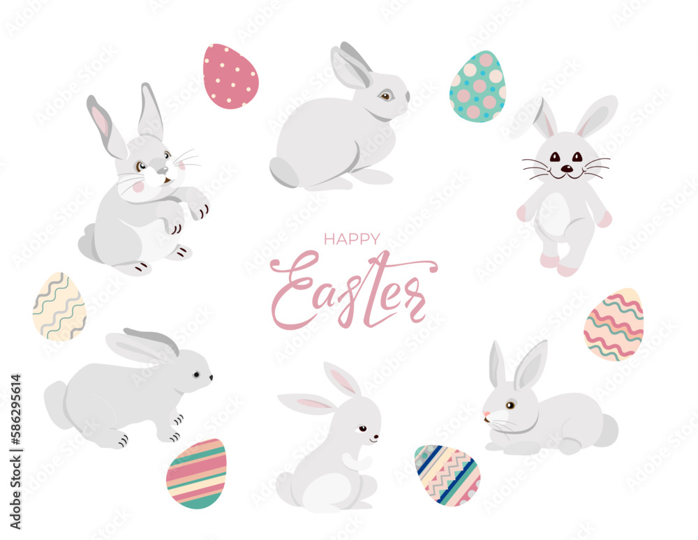 Obraz premium Happy Easter bunnies banner with rabbits, eggs and hand drawn lettering text. Set of cute hares in different poses on white background. For greeting cards, banners, invitation. Vector illustration.