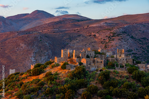 Sunset panorama view of Vathia village at Peloponnese peninsula in Greece photo