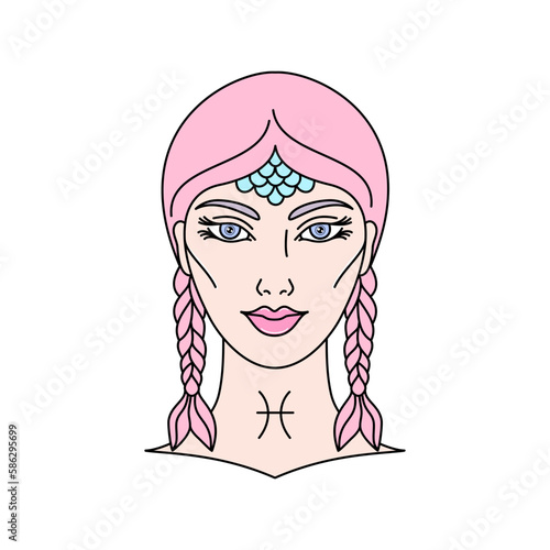 Piscas zodiac sign with female face in linear style. Vector illustration isolated on a white background. The image can be used in your projects related to graphics, web design and illustrations. photo