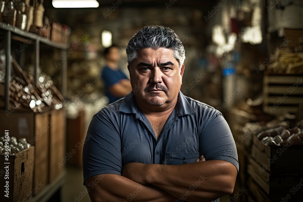 Portrait of small business owner. Headshot of man looking at camera with shop as background. Created with Generative AI Portrait of small business owner. Headshot of man looking at camera with shop as background. Created with Generative AI