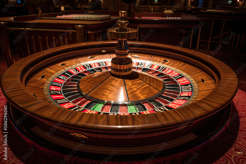 Casino roulette close up. Roulette wheel. Gambling addiction. Created with Generative AI