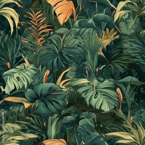 Wallpaper Mural Large leaves of tropical trees. Seamless jungle background. Generated by AI. Torontodigital.ca
