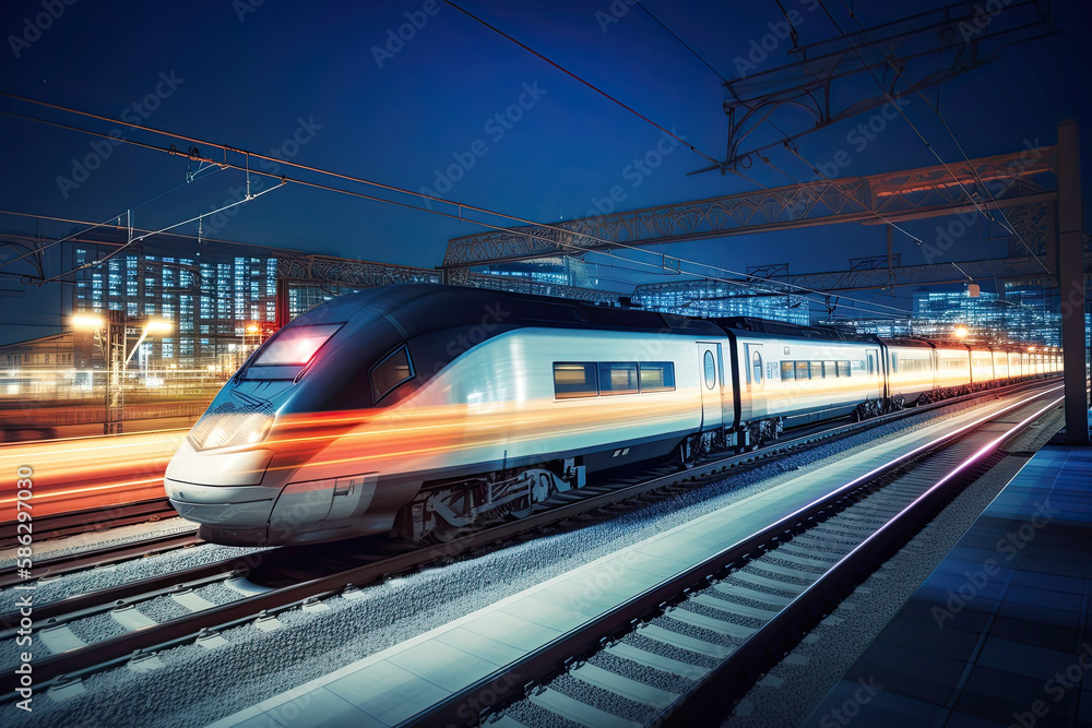 Fototapeta premium Modern high speed train at night. Fast train in city with motion blur effect, Public transport. Railway transportation. Created with Generative AI