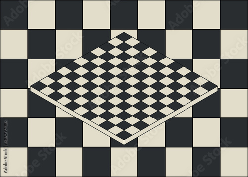 Cool black and white chessboard style background with an isometric chessboard in the middle. vector illustration. hippie style 60s-70s