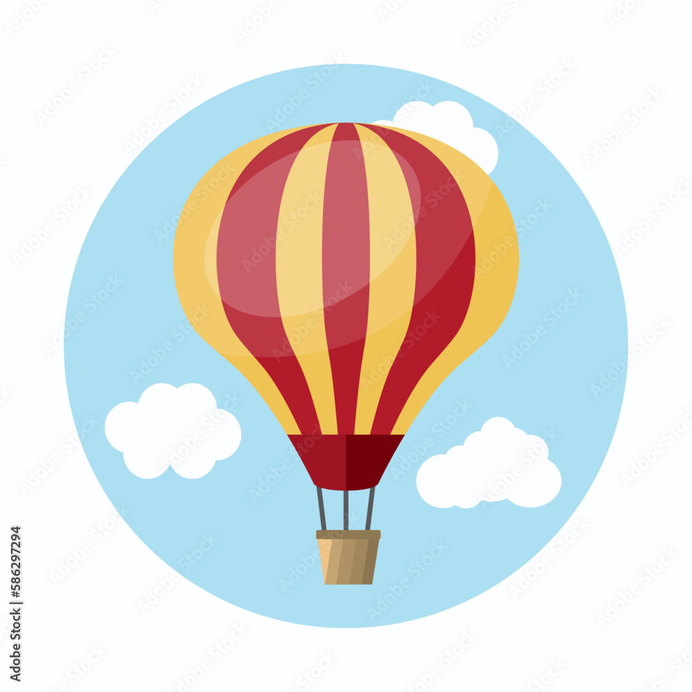 Obraz premium red and yellow balloon in the sky. balloon for flying with basket in hot air. vector simple flat cartoon background