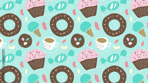 お菓子の背景パターン ポップなスイーツイラスト（ミント）