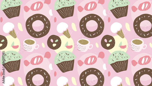 お菓子のパターン背景 ポップなスイーツイラスト
