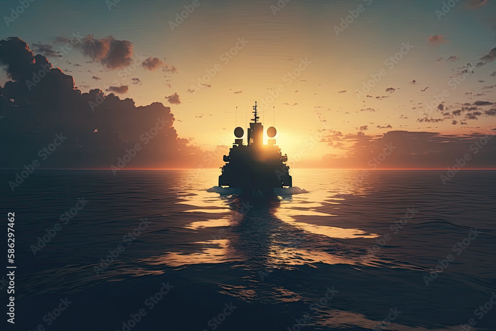 Modern warship in the sea at sunset. Military force ship sailing in ocean. Created with Generative AI