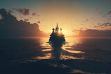Modern warship in the sea at sunset. Military force ship sailing in ocean. Created with Generative AI