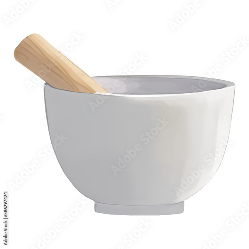 White Ceramic Mortar and Wooden Pestle Isolated Hand Drawn Painting Illustration