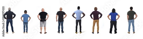 back view of a group of men with arms akimbo on white background