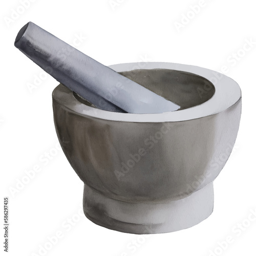 Stone Mortar and Pestle Isolated Hand Drawn Painting Illustration