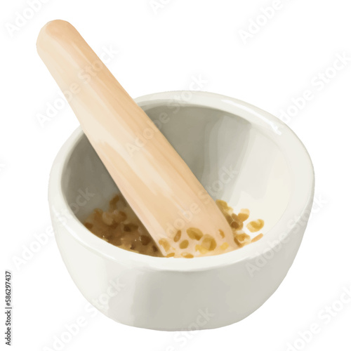 White Ceramic Mortar and Wooden Pestle Isolated Hand Drawn Painting Illustration