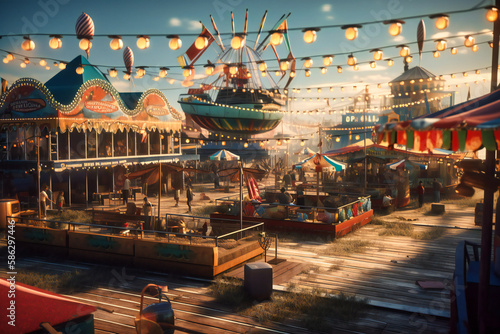 A seaside carnival with games and fried food
