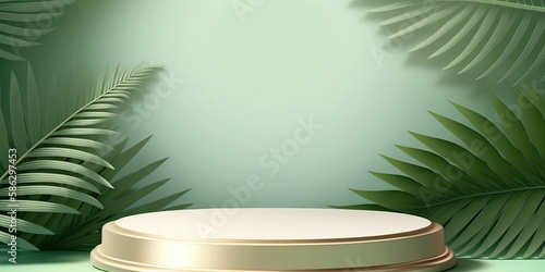 Empty podium, natural mock up display, blank eco plants stand cosmetic product fashion ads on minimal branches leaves green background. Luxury pedestal nature mockup scene platform ai generative