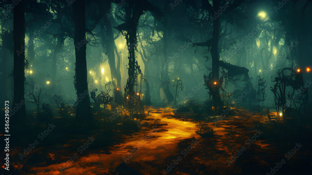 Gloomy fantasy forest scene at night with glowing lights Generative AI Art