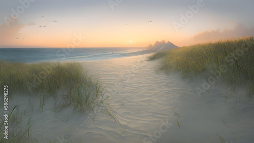 Sand dunes on the beach at sunset Generative AI Art