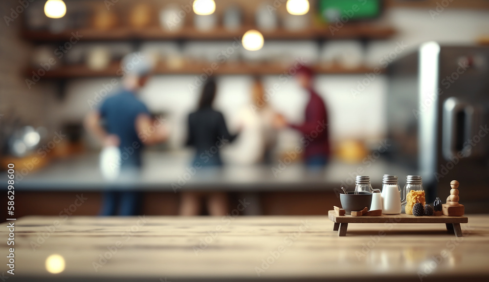 Empty kitchen counter worktop for product display. Blurred people in the background. Generative ai Empty kitchen counter worktop for product display. Blurred people in the background. Generative ai