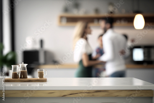 Empty kitchen counter worktop for product display. Blurred people in the background. Generative ai