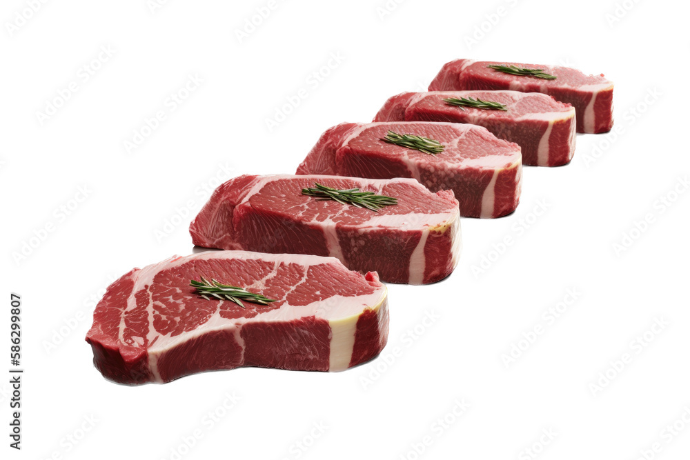 Fototapeta premium a cooking-themed illustration photo featuring isolated raw steaks ready to be cooked arranged with seasonings and herbs set on a transparent background and provided in PNG. Generative AI