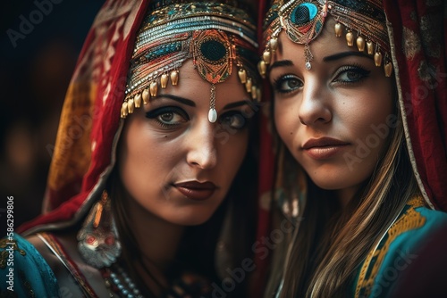 Attractive Arab women using traditional belly dancer costume. Generative AI shot