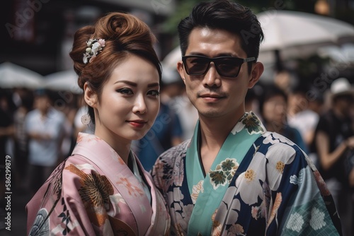 Japanese couple wearing traditional colorful kimonos. Generative AI shot